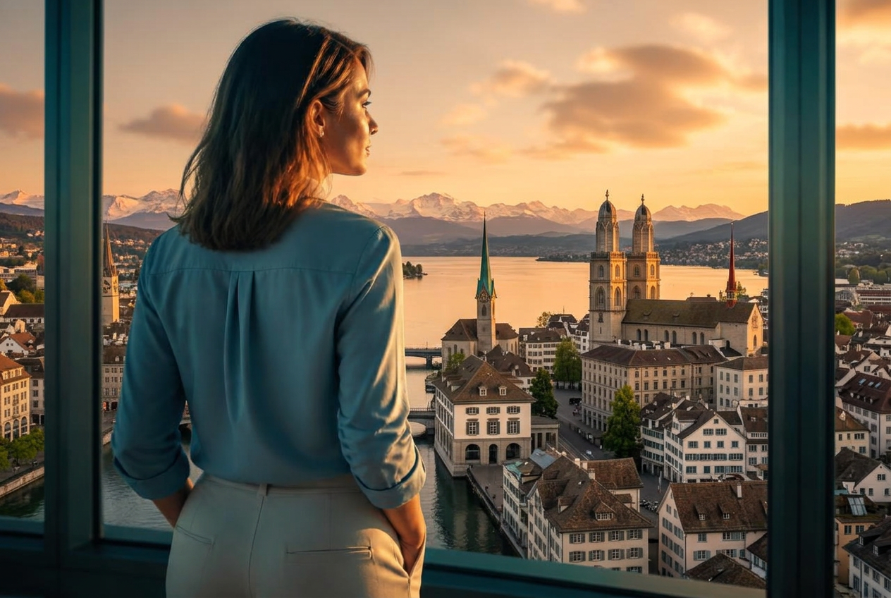 Person blickt aus einem grossen Fenster in Richtung Horizont